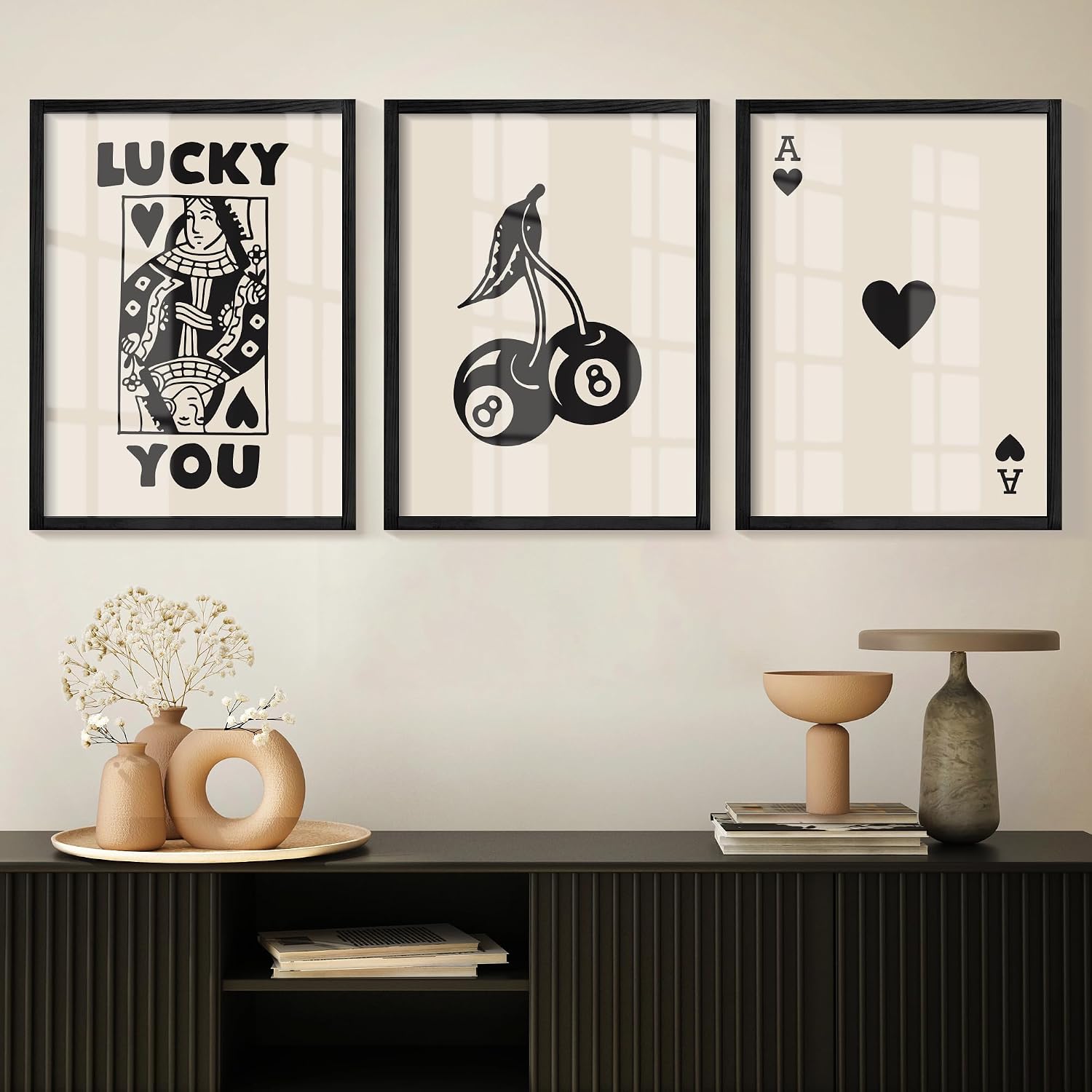 Heiple Framed Set of 3 Poker Wall Art Lucky You Poster, Trendy Retro Print Wall Decor for Queen of Hearts Wall Art Rustic Vintage Farmhouse Home Wall Decor（Black 12