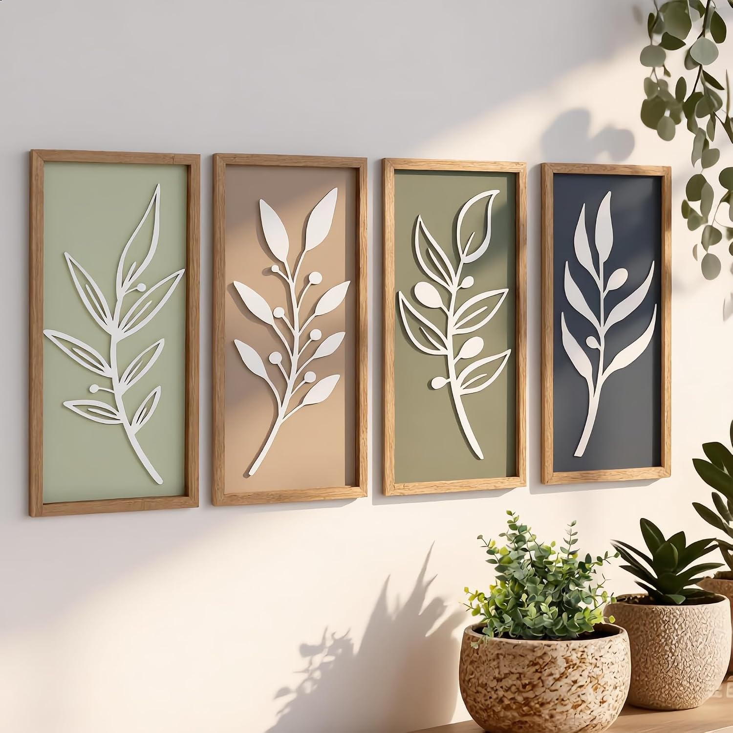 3D Tree Leaf Wooden Framed Boho Wall Art (Set of 4)