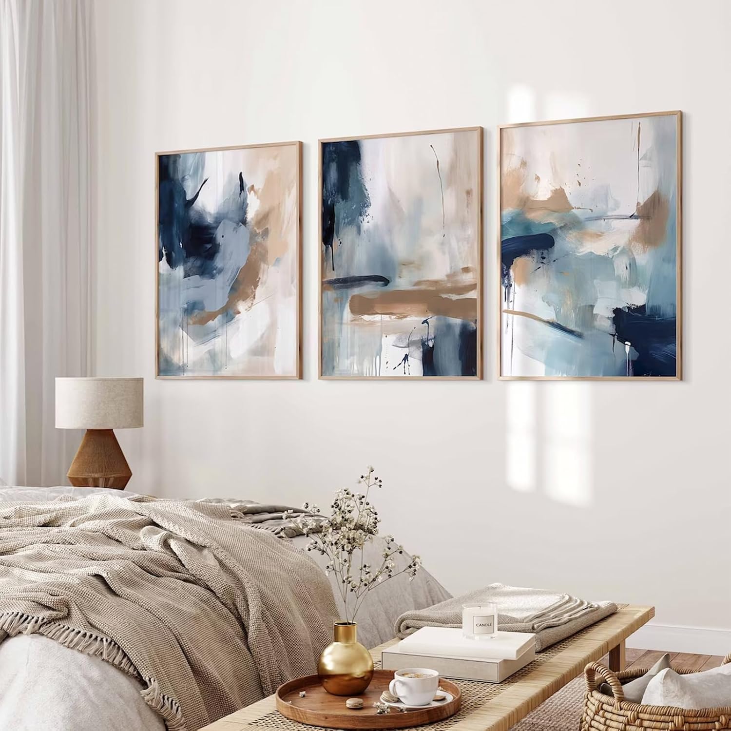 Navy Blue Pictures Wall Art Abstract Modern Painting Canvas Brown Watercolor Wall Art Decor Abstract Blue Poster Minimalist Graffiti Prints Blue Artwork for Living Room 16x24 Inch Unframed Set of 3