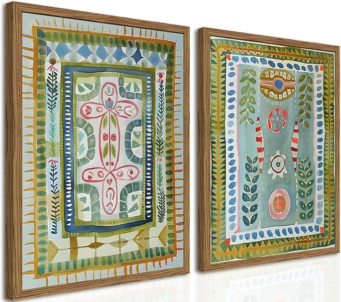 Framed Boho Wall Art Set of 2, Sage Green Botanical Pictures Wall Decor, Abstract Folk Art Paintings Canvas Prints Mid Century Modern Home Decor Aesthetic for Living Room Bedroom Bathroom 12x16 inch