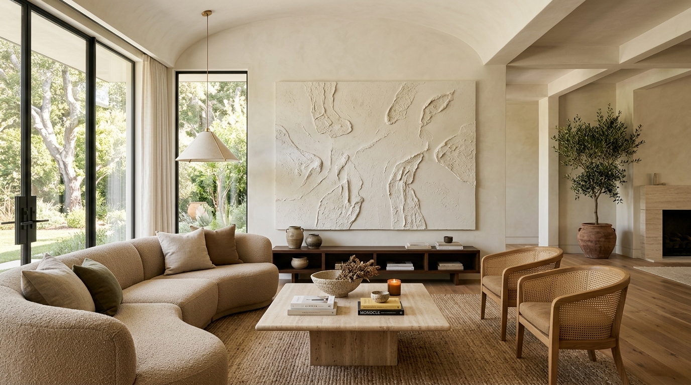 Hyper-realistic aesthetic modern living room with oversized minimal textured plaster wall art